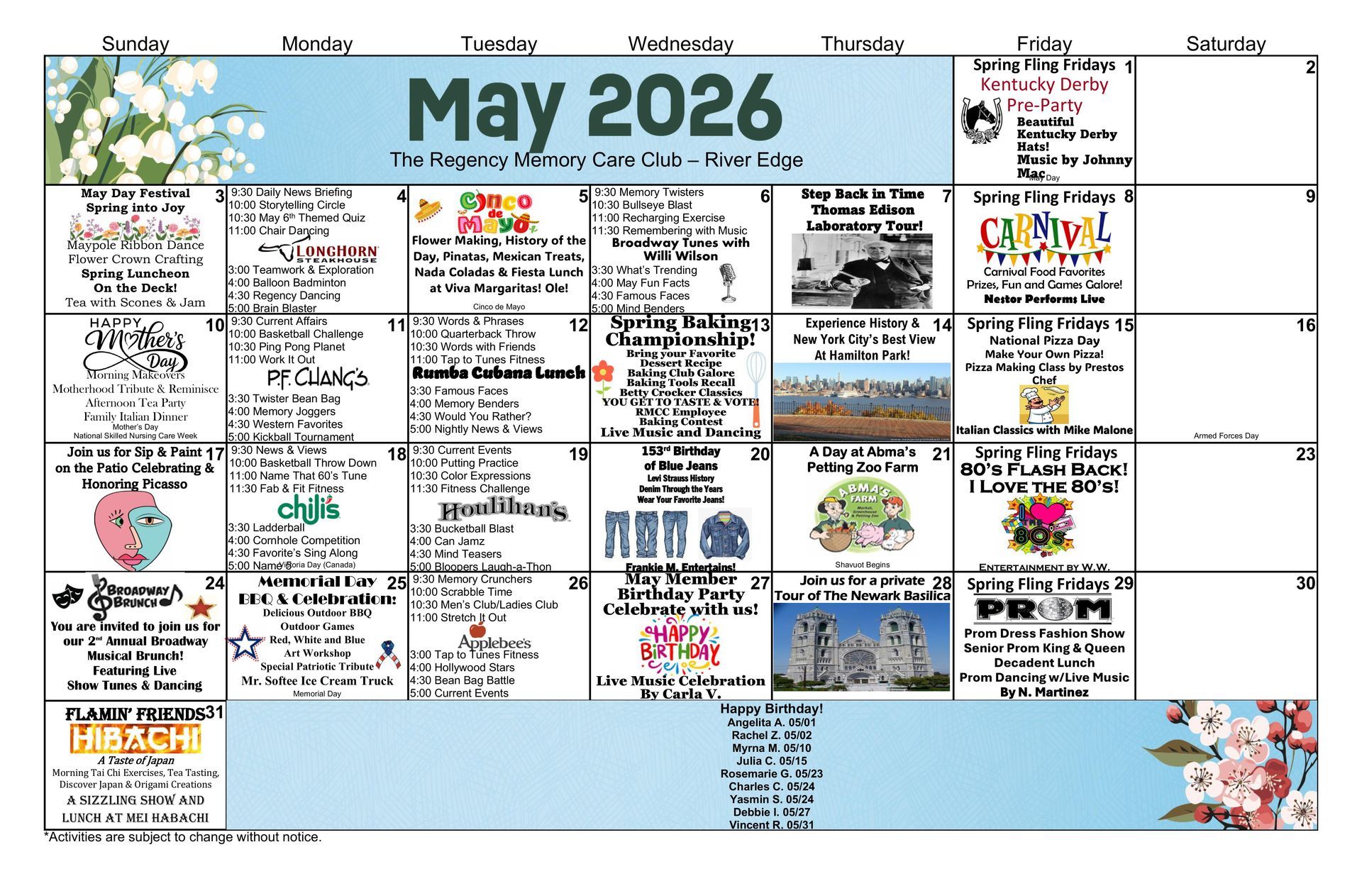 A March 2026 calendar for The Regency Memory Care Club at River Edge, featuring daily scheduled activities and events.