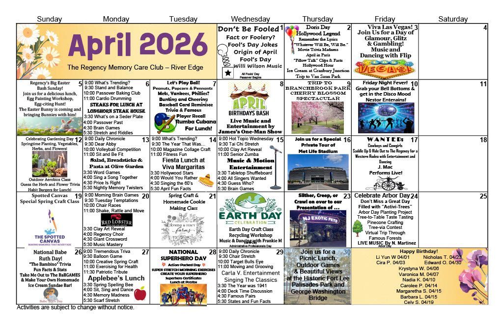 A March 2026 calendar for The Regency Memory Care Club at River Edge, featuring daily scheduled activities and events.