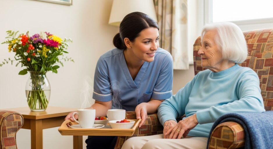 A caregiver in blue scrubs offers a tray with coffee and a snack to an older person sitting in an armchair.