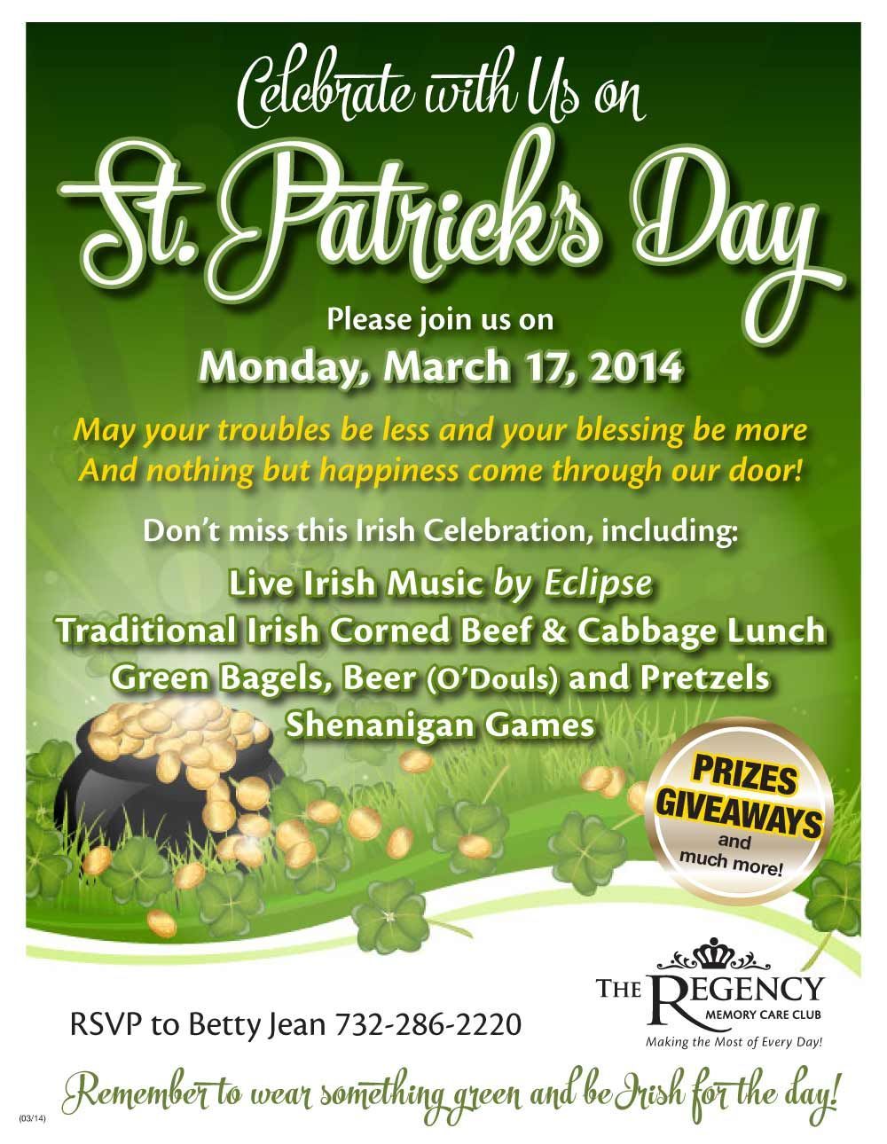 A green St. Patrick's Day party invitation for The Regency on March 17, 2014, featuring music, lunch, games, and prizes.