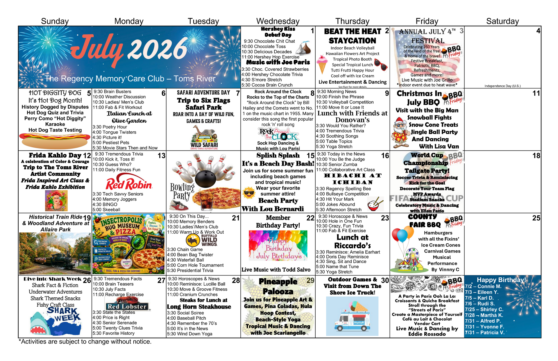 July 2026 monthly calendar with many colorful event listings and notes across the days