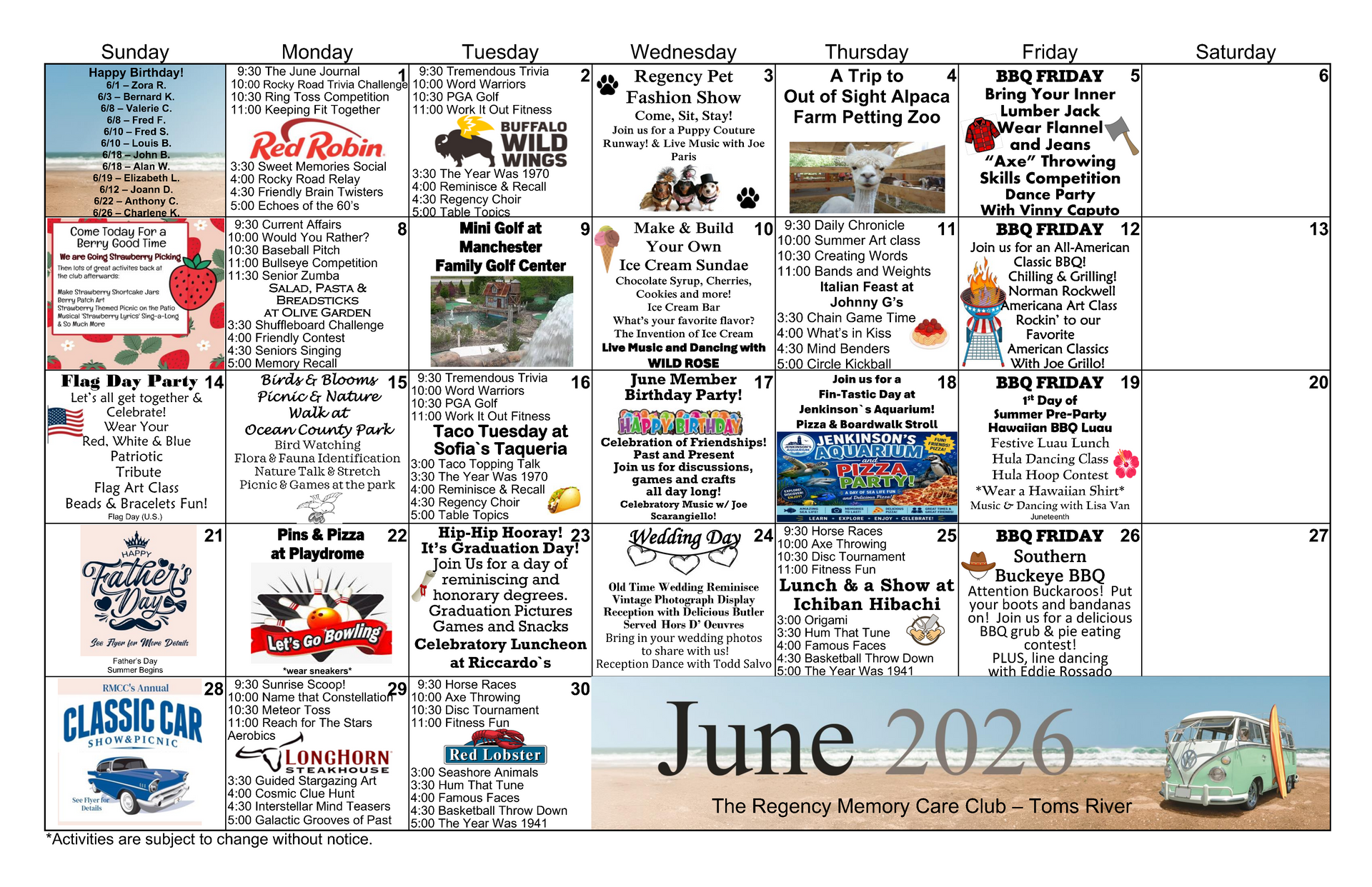 June 2026 family event calendar with daily activities, photos, and notes in a grid layout.