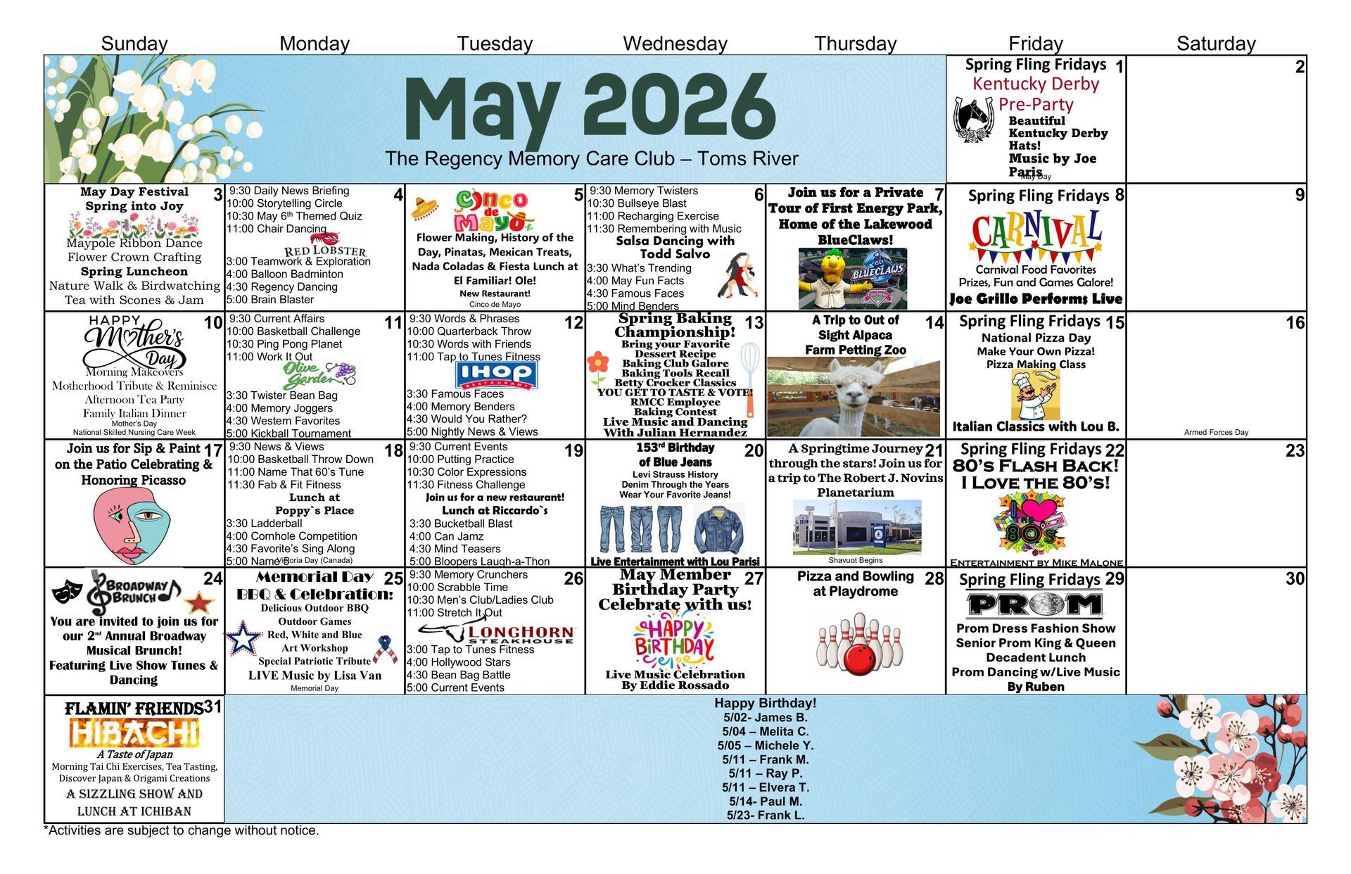 March 2026 calendar for The Regency Memory Care Club featuring daily activities, events, and special themes.