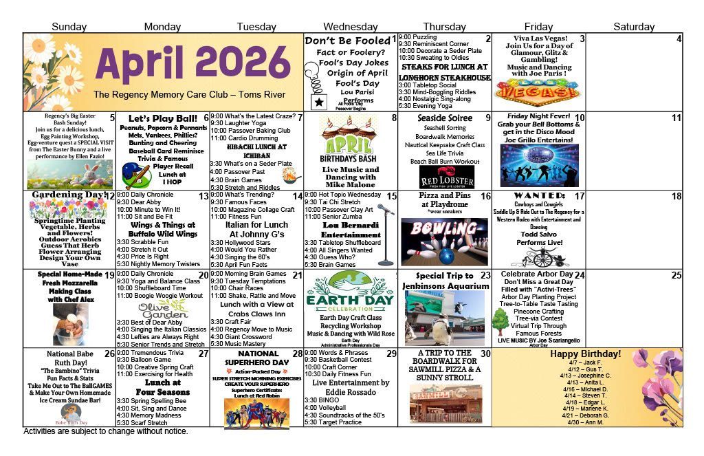 March 2026 calendar for The Regency Memory Care Club featuring daily activities, events, and special themes.