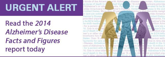 URGENT ALERT: A graphic encouraging readers to view the 2014 Alzheimer's Disease Facts and Figures report.