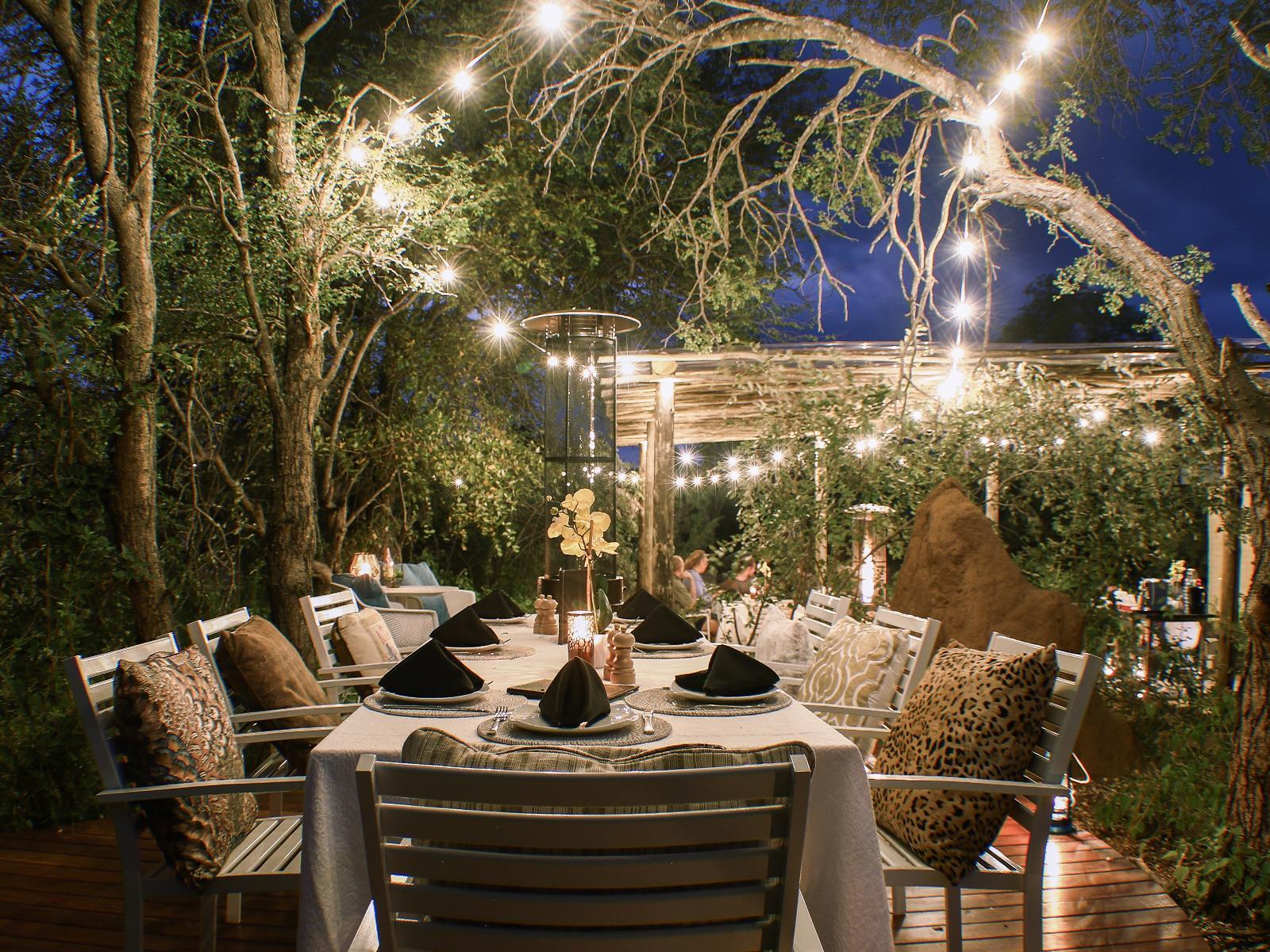 A table with plates and napkins on it is surrounded by trees at night