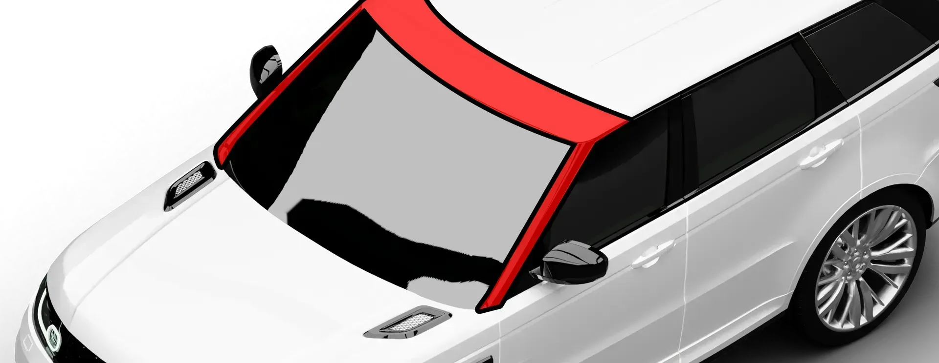 Paint protection film applied to windshield edges and pillars showing protection area.