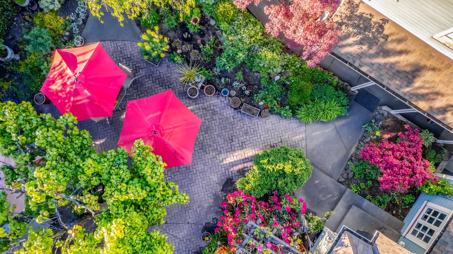 An aerial view of a garden with red umbrellas and flowers.