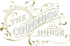 A gold and white logo for the coffeehouse