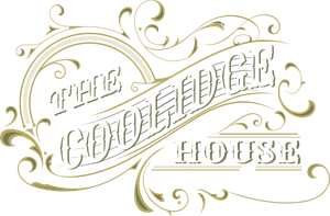 A gold and white logo for the coffeehouse