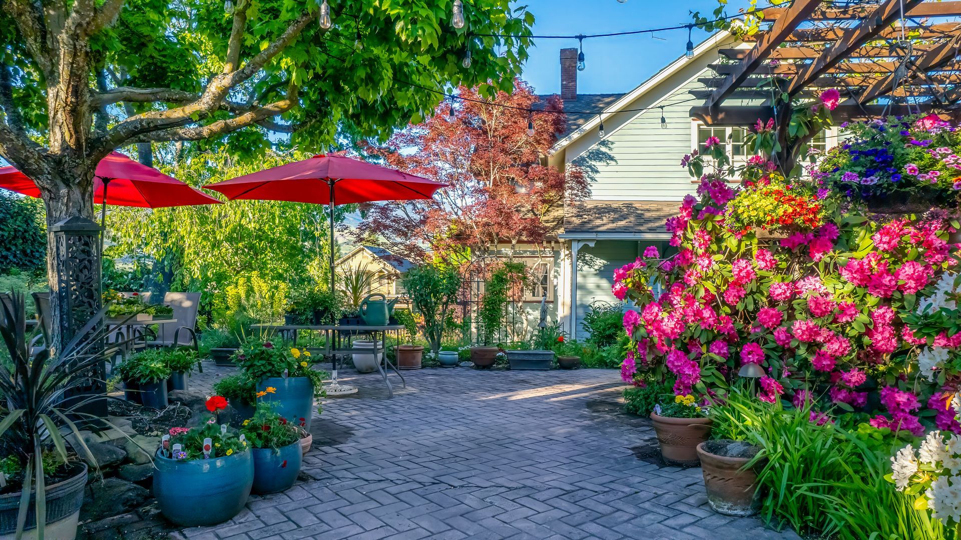 A garden with lots of flowers and umbrellas in front of a house.