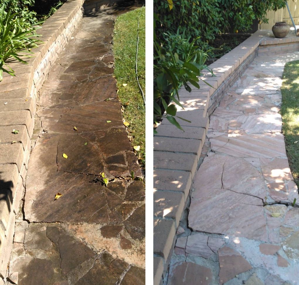 A before and after photo of a stone walkway