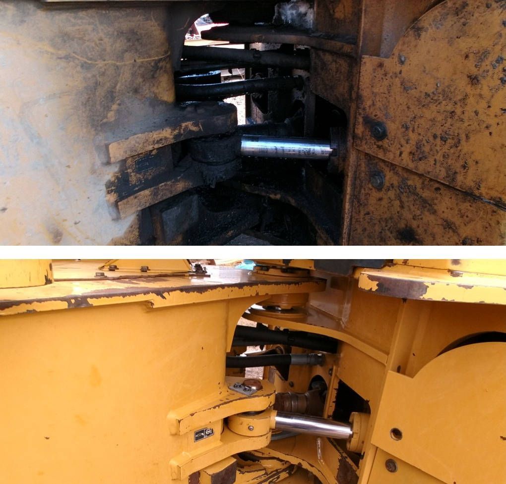Two pictures of a yellow machine showing the inside of it