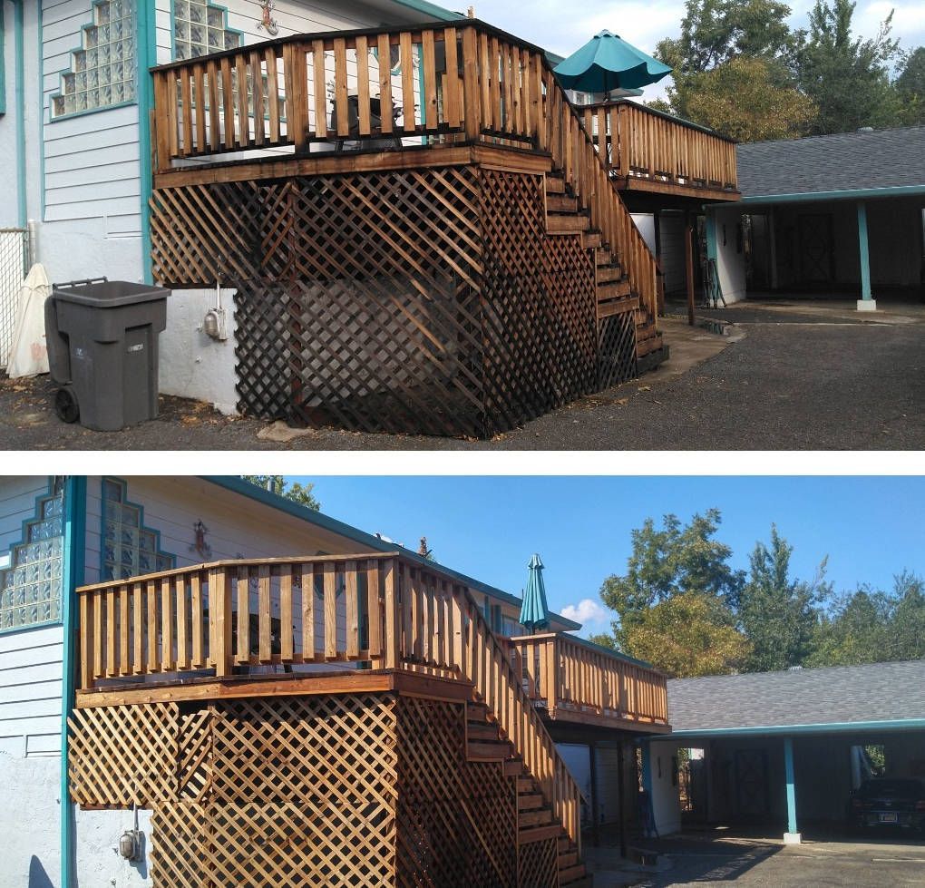 A before and after picture of a house with a wooden deck