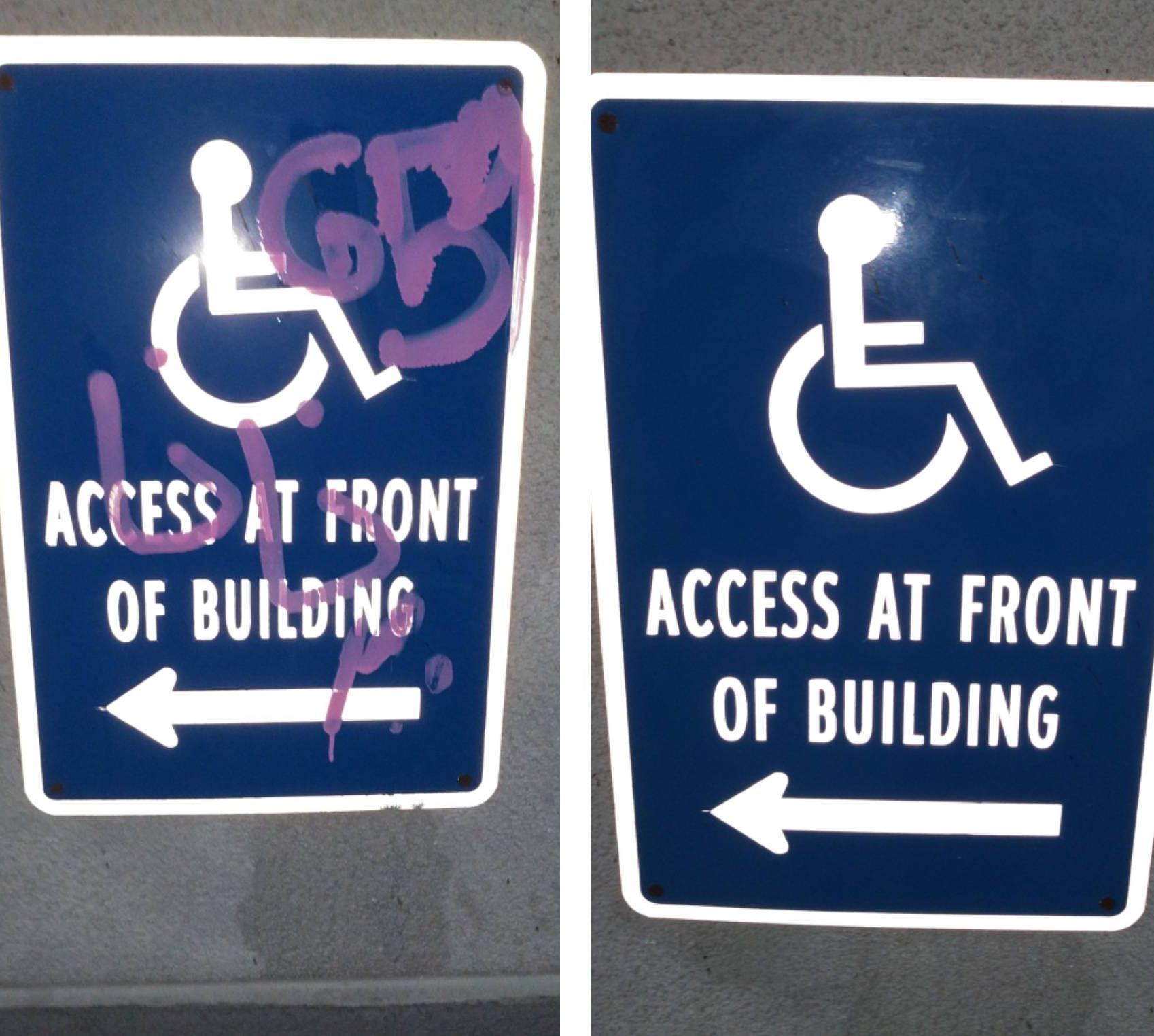A handicapped sign that says access at front of building