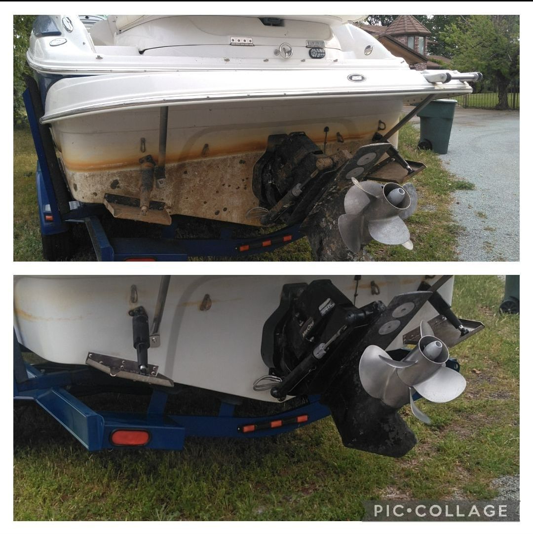 A before and after picture of a boat on a trailer