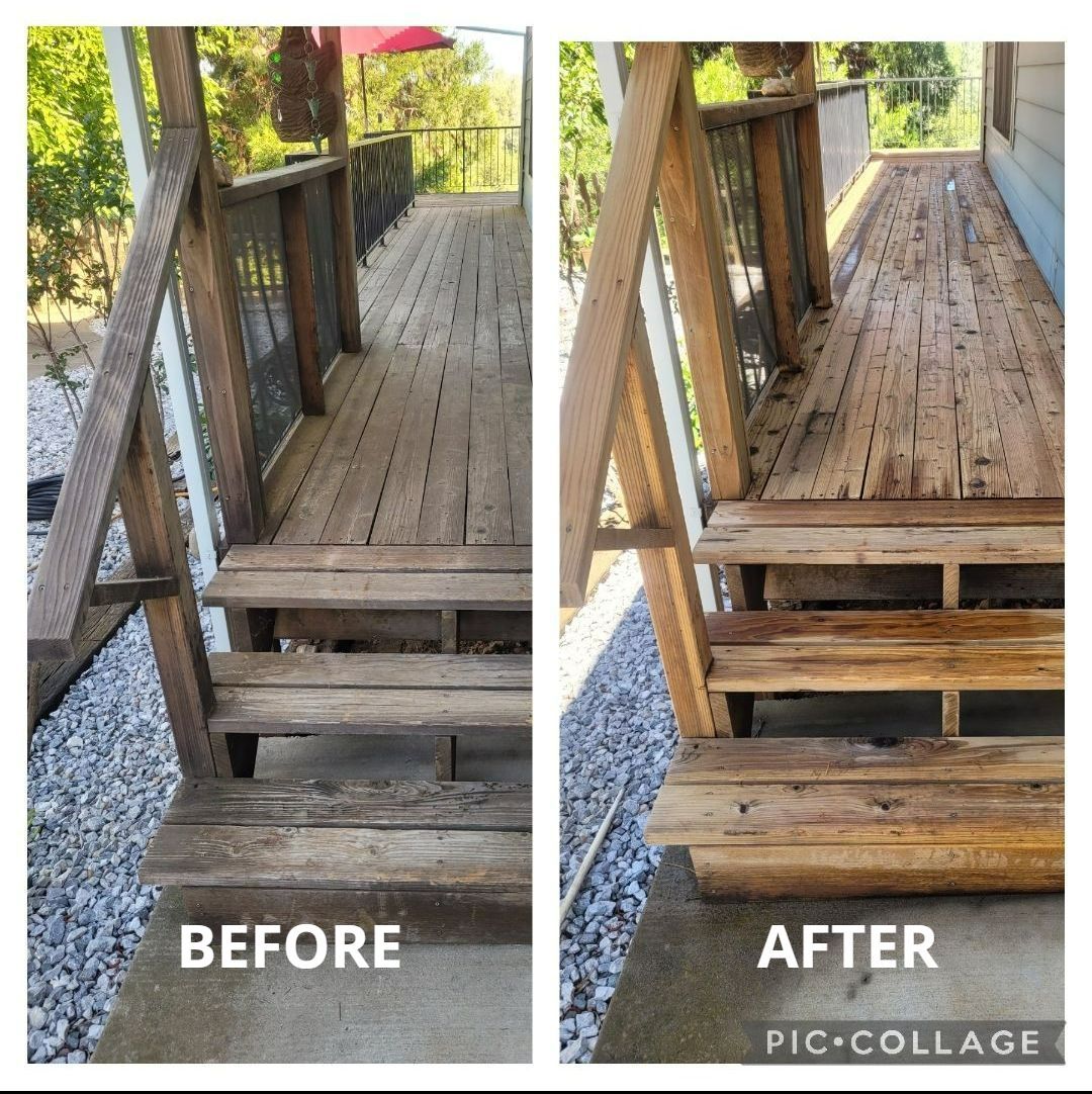 A before and after picture of a wooden deck.