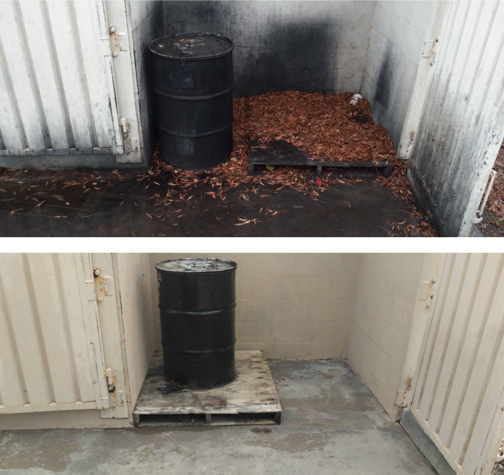 A black barrel sits on a wooden pallet in a room