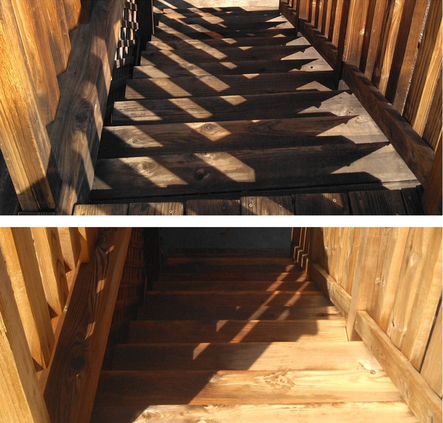 A before and after photo of a wooden staircase