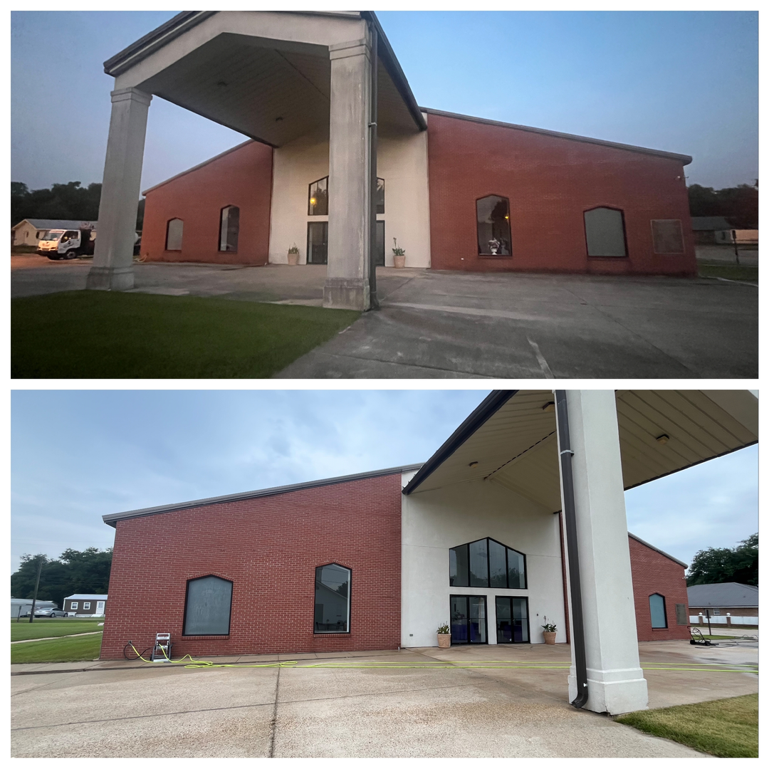 Two exterior views of a red-brick building with a white central entrance and a large covered driveway portico.