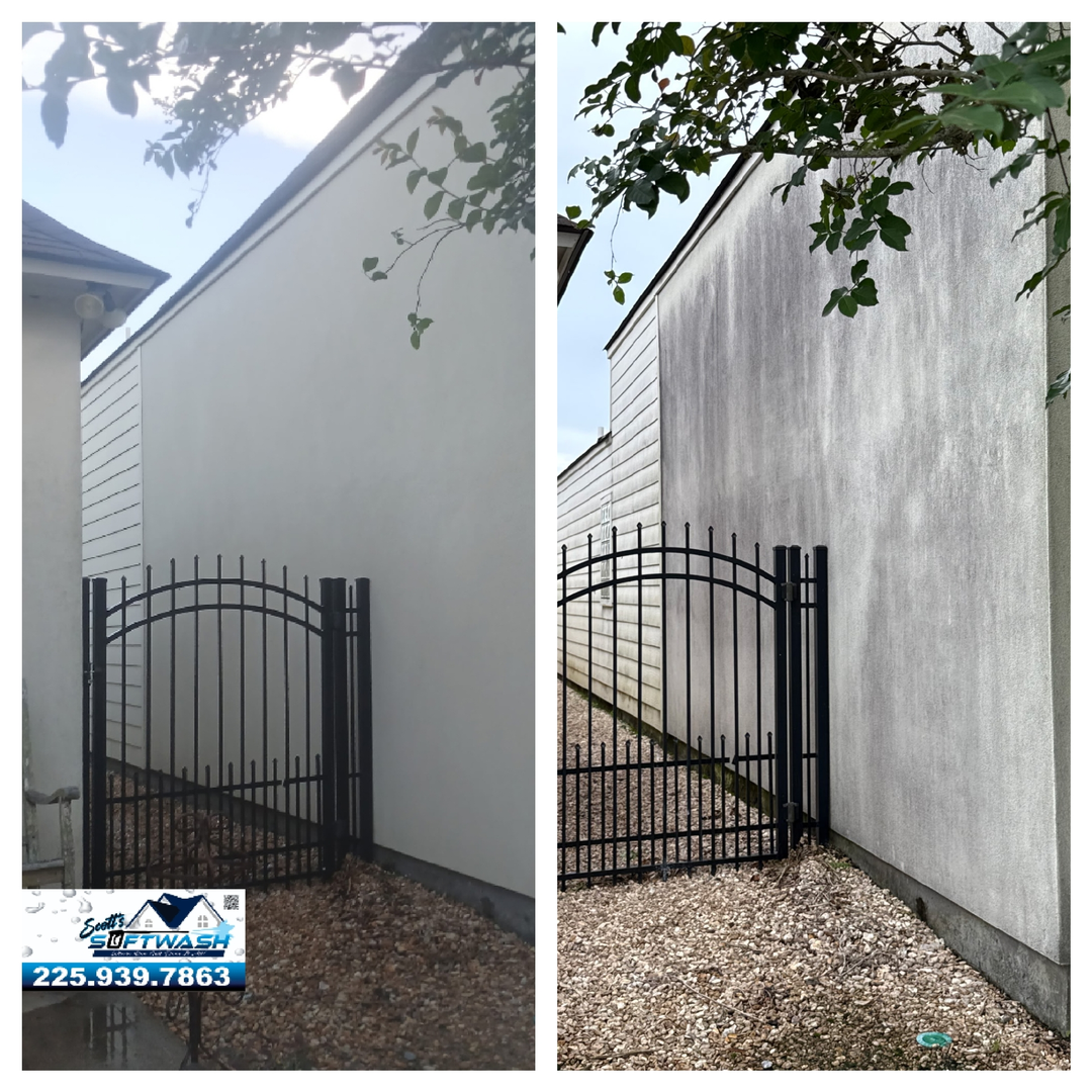 Before and after of a wall cleaning service, showing a stained exterior wall transformed to look clean and new.