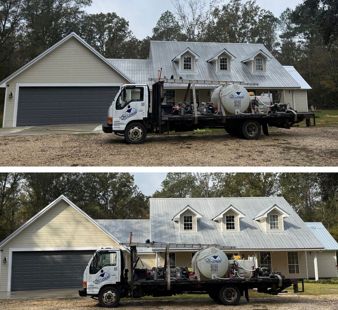 A side-by-side comparison of a specialized utility truck parked in front of a house, showing a rooftop cleaning service.