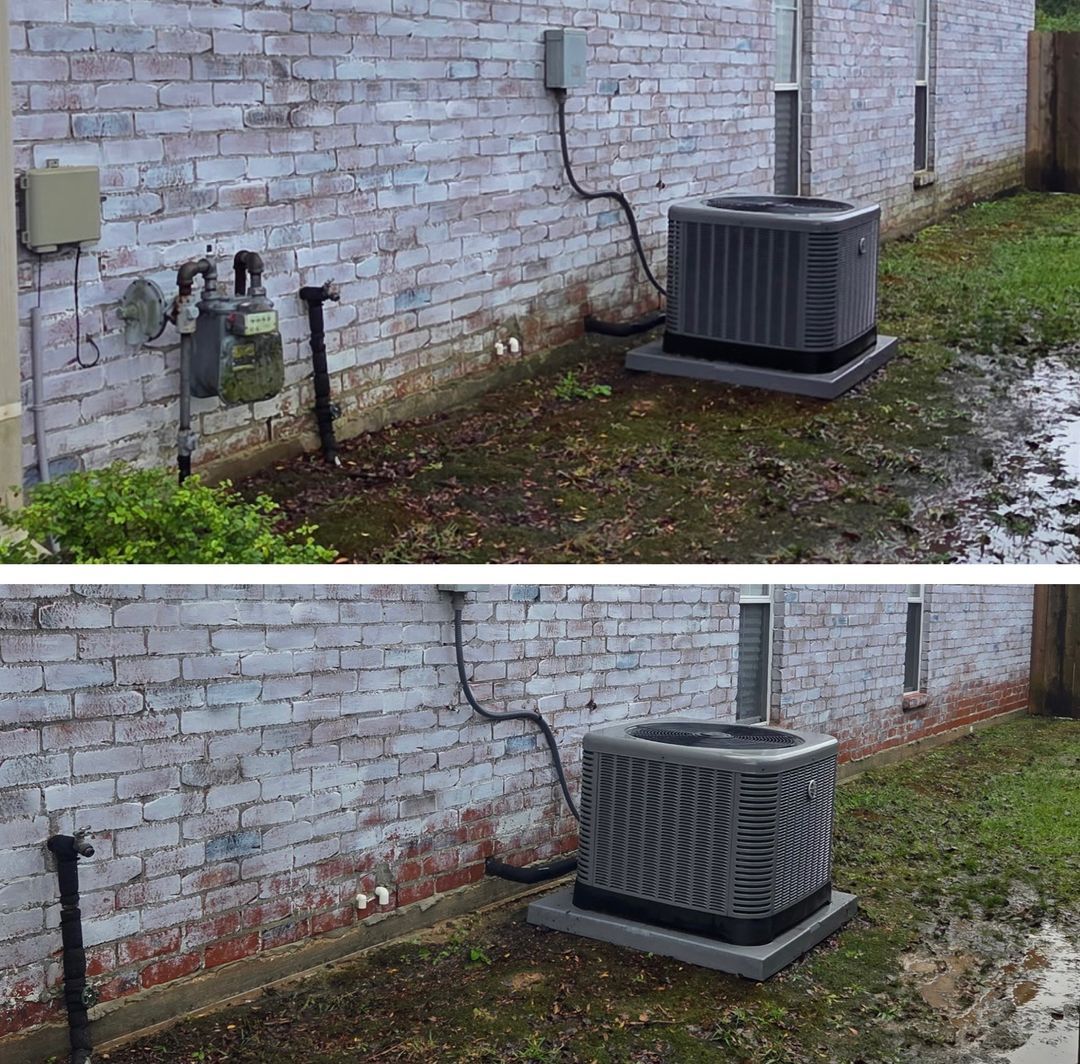 Before and after photos of a brick exterior wall showing the removal of a gas meter and pipe near an air conditioning unit.