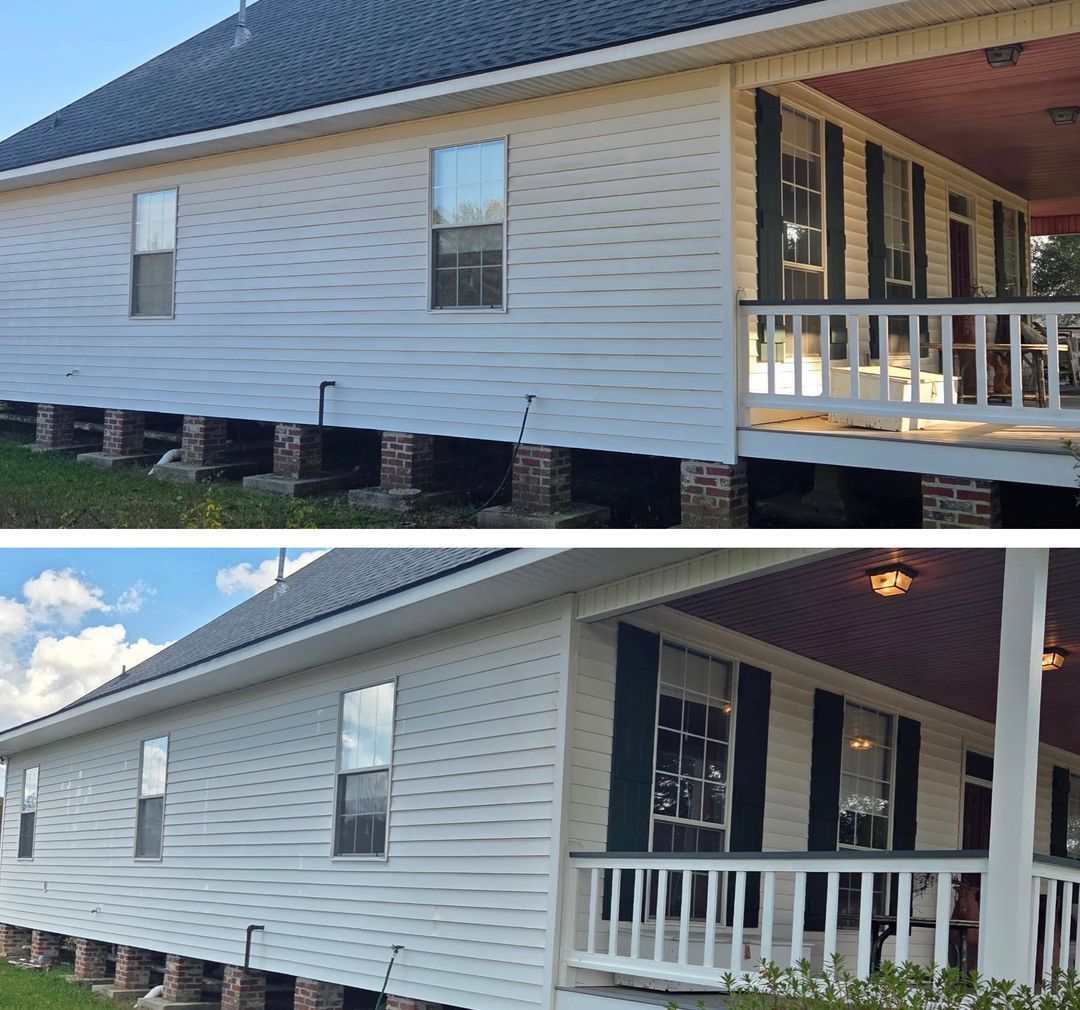 A split-screen view showing a white house before and after a cleaning, highlighting the removal of dirt and mildew.