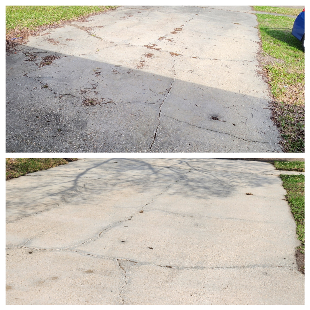 Before and after shots of a driveway showing cleaned and repaired concrete surface.