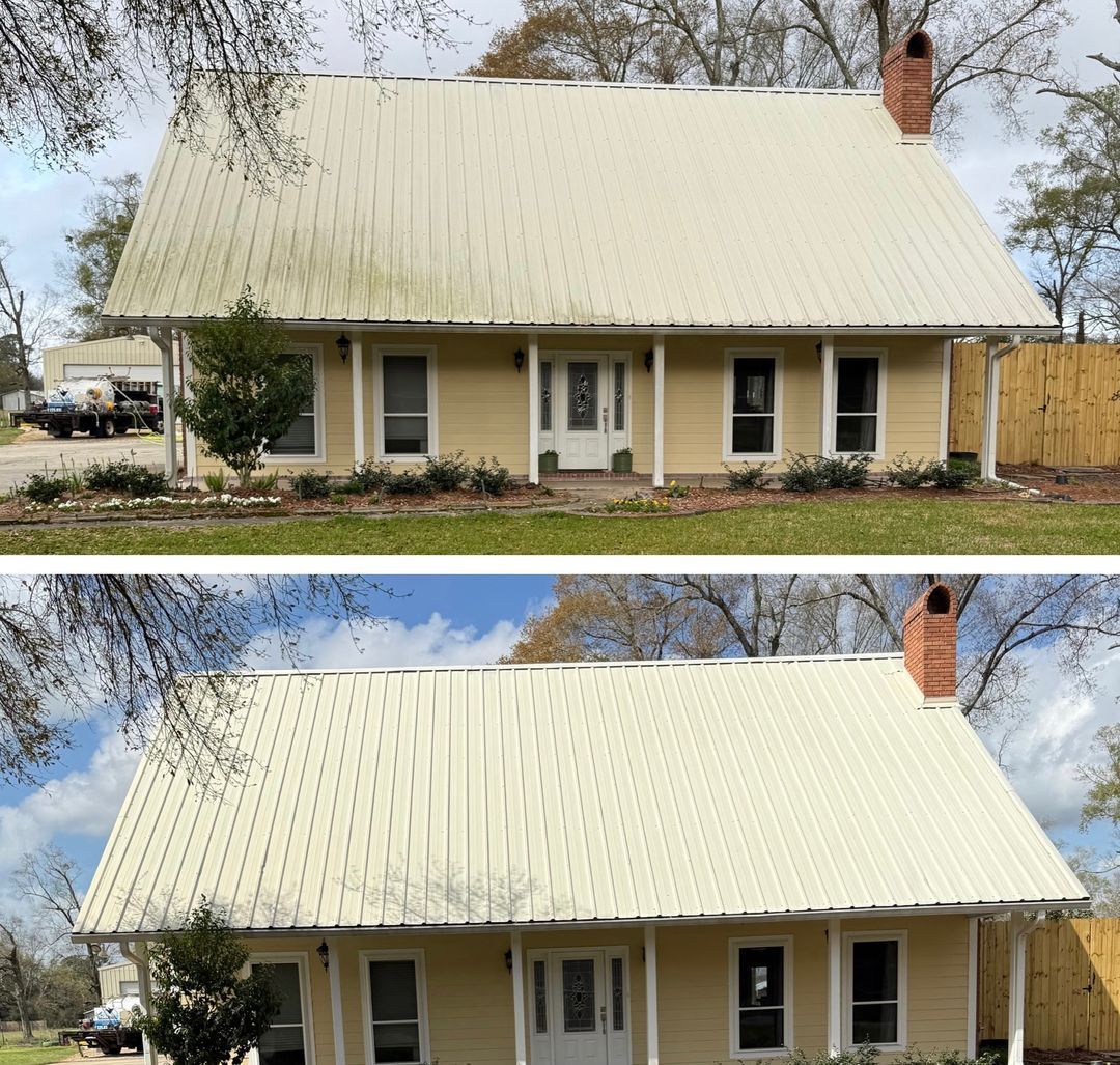 Before and after photos of a house roof showing the removal of green algae and mildew after a professional cleaning.