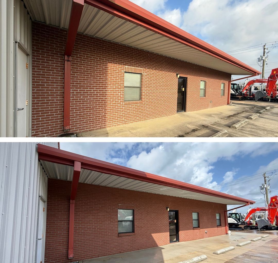 Before and after comparison of a commercial brick building exterior, showing improved siding and updated curb appeal.