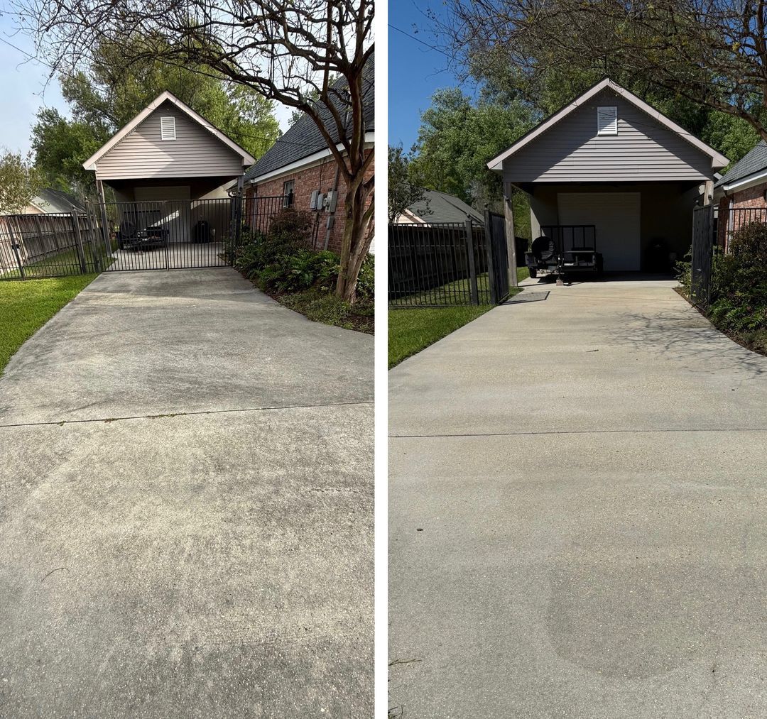 Split view of a concrete driveway before and after pressure washing, showing a cleaner, brighter surface on the right.