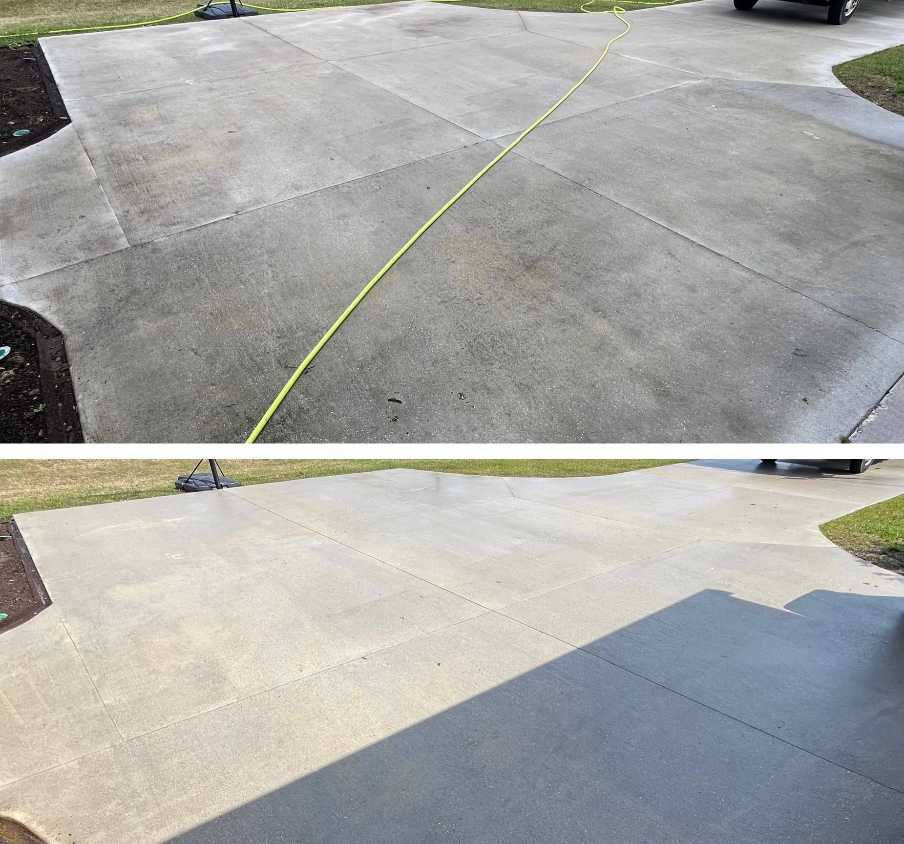 Split view showing a dirty concrete driveway before and after a thorough pressure washing.