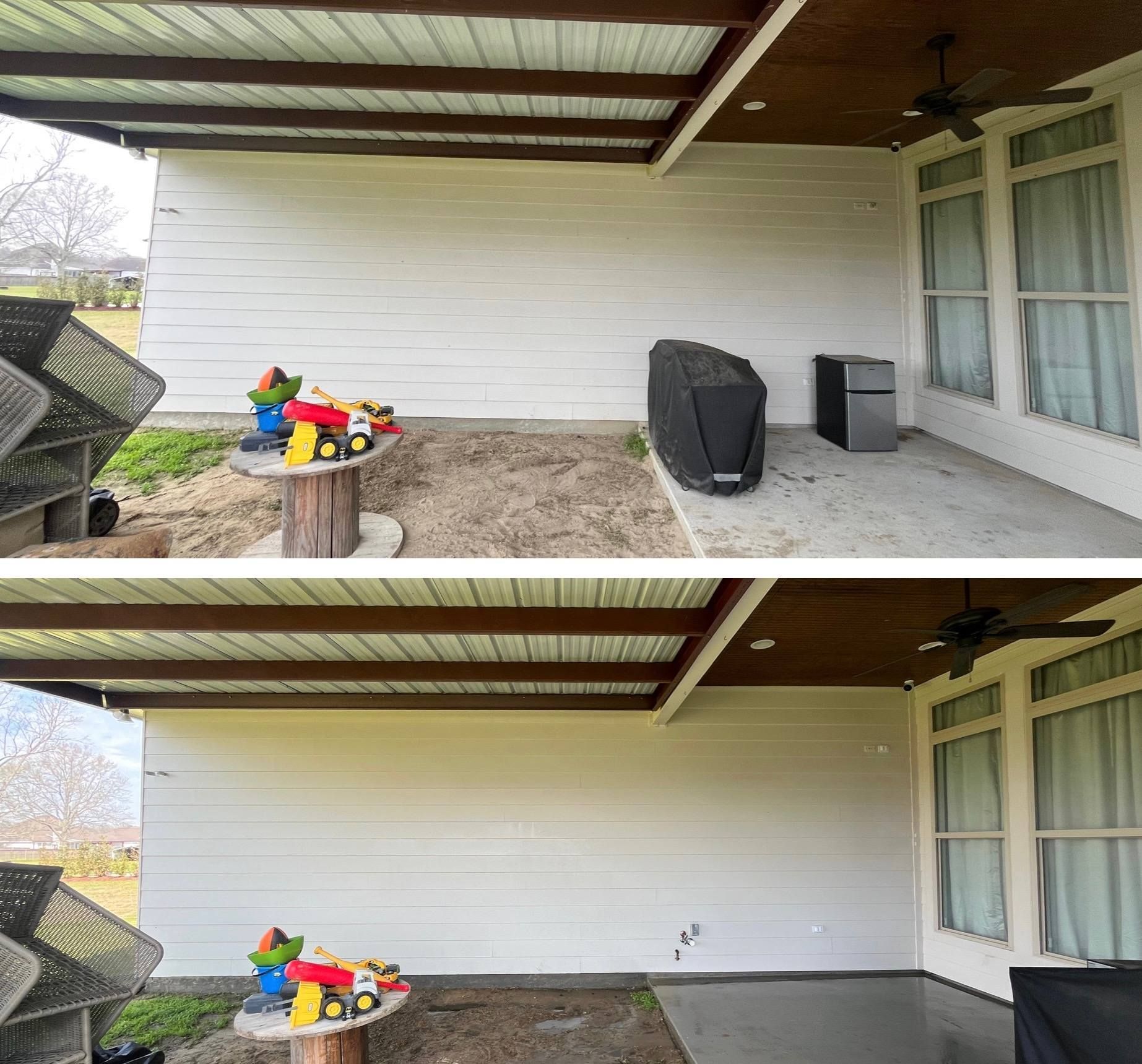 Before and after photos of a covered patio with a cleared, cleaned concrete floor and decluttered space.