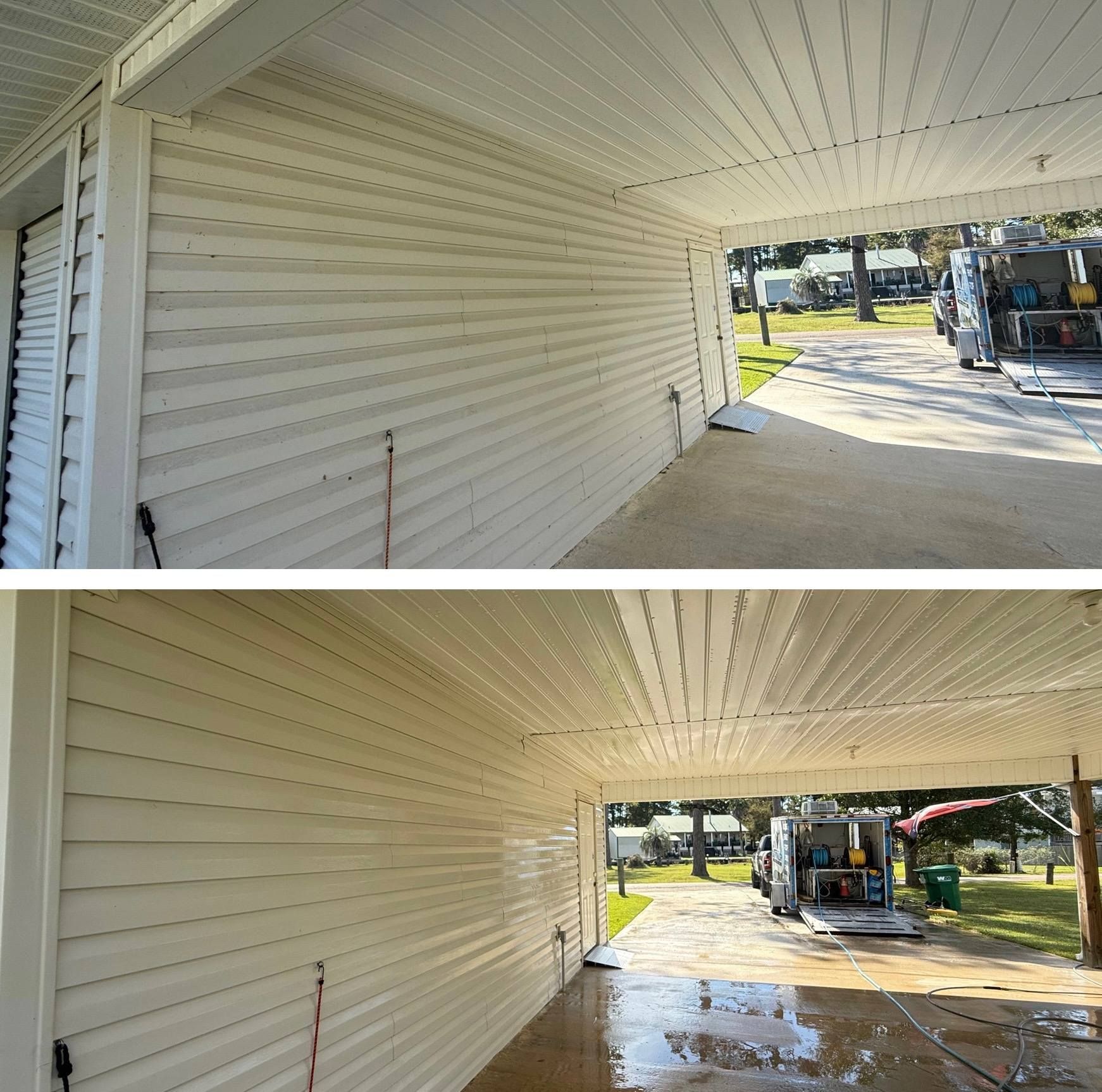 Before-and-after view of a white siding wall being pressure washed in a carport area.