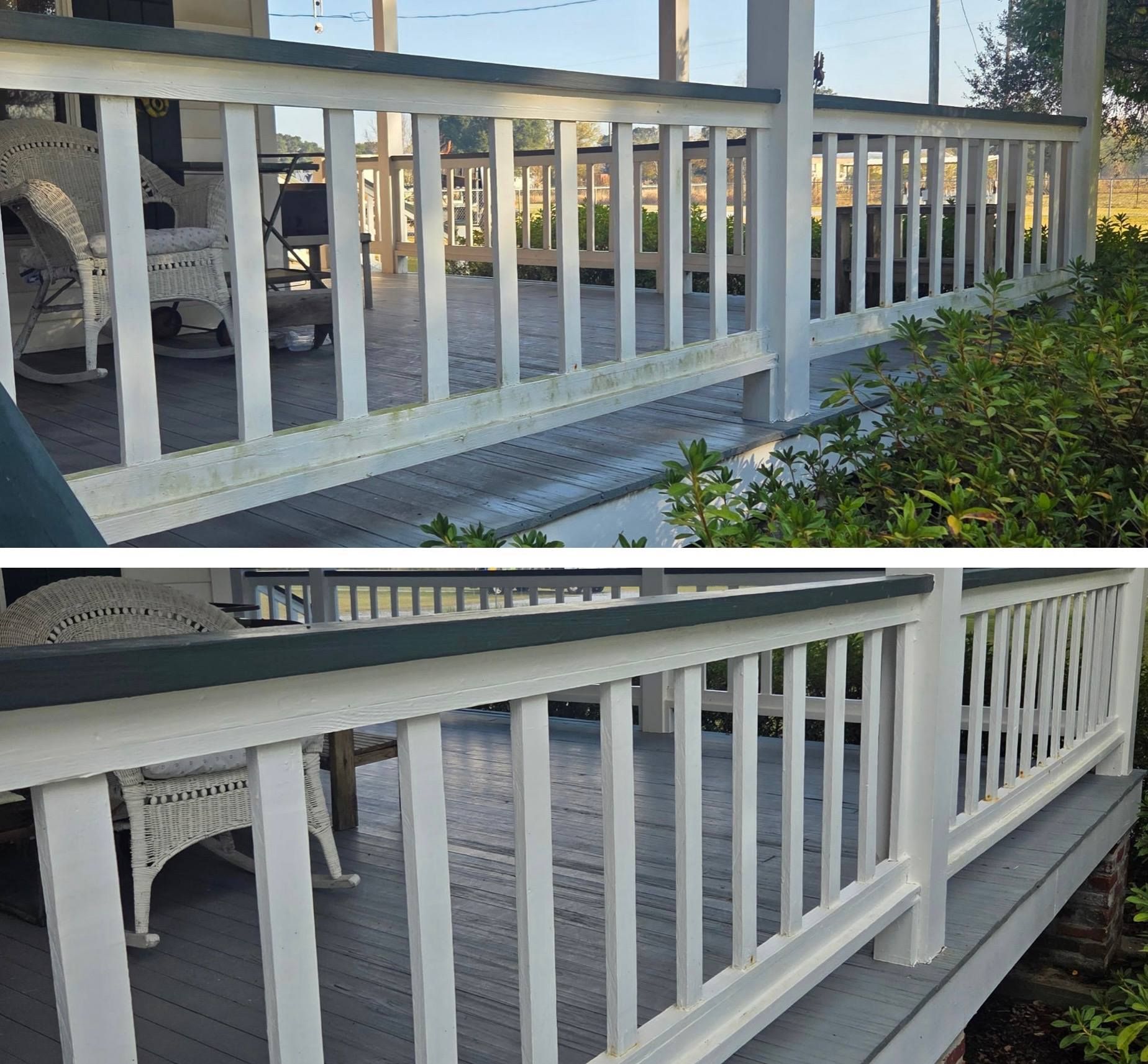 A split-screen comparison showing a porch railing before and after a fresh coat of white paint.