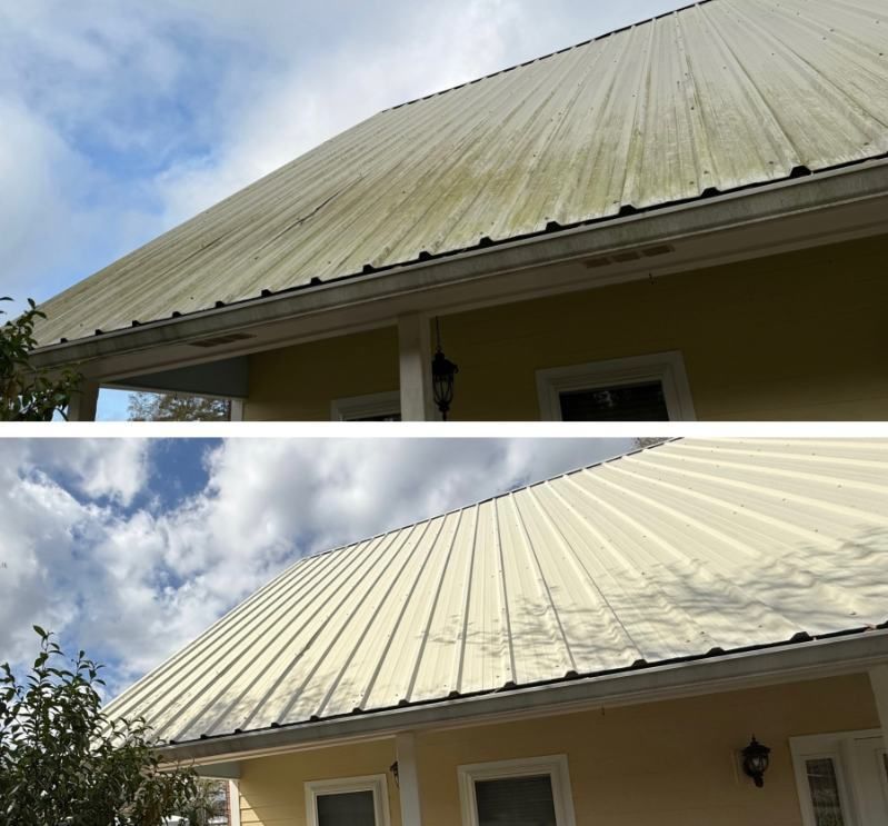 Before and after comparison of a metal roof being cleaned of green algae and dirt to restore its original light color.