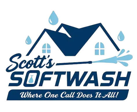 Logo for Scott's Softwash with a house icon, water droplets, and a power washer spraying water, blue on a white background.