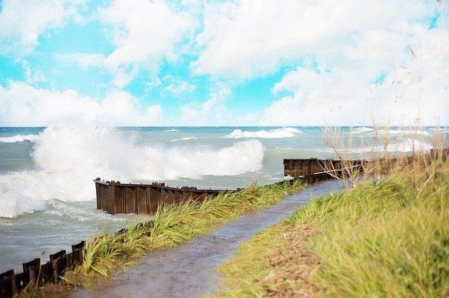 A sea wall blocks the mighty waves of Lake Michigan.
