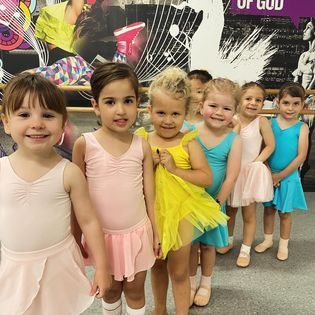A group of young girls are posing for a picture in a dance studio.