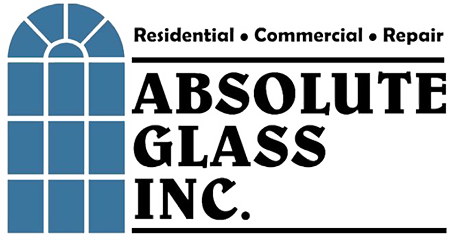 the logo for absolute glass inc. is blue and black