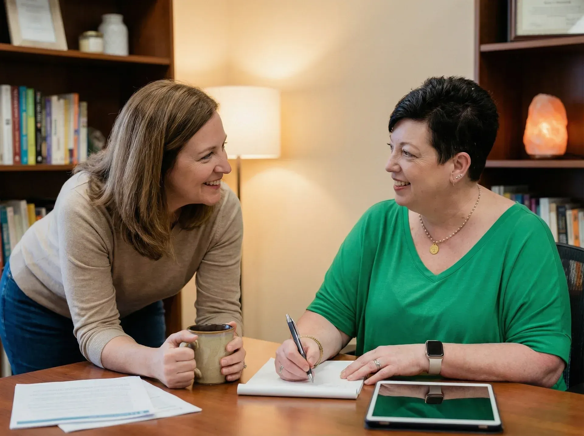 A woman wearing a blue shirt with a crown on it is standing in a park with her arms crossed and smiling.
