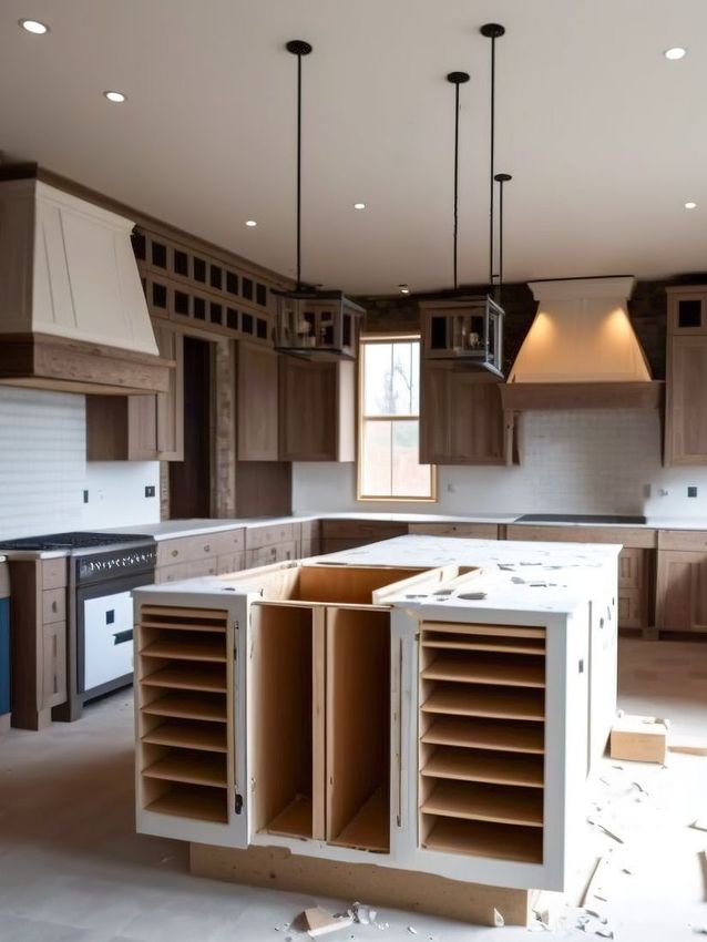 A kitchen under construction with a large island in the middle