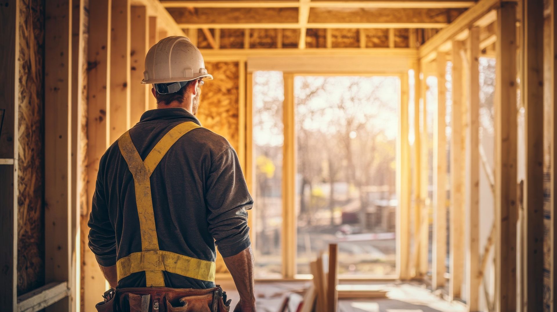 A construction worker is standing in a building under construction.