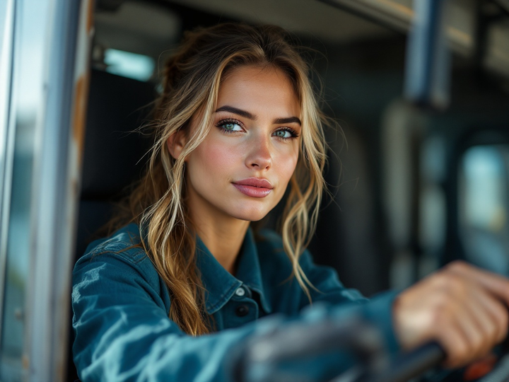 Een vrouw rijdt in een vrachtwagen en kijkt uit het raam. CargoKey