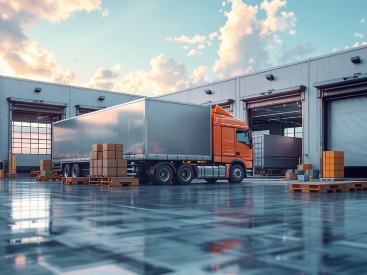 Een vrachtwagen staat geparkeerd voor een loods. CargoKey