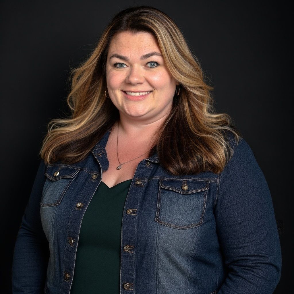 Woman with blonde hair, smiling in a denim jacket, standing in front of a black backdrop.