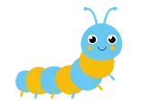Blue and yellow cartoon caterpillar with a smiling face and antennae.