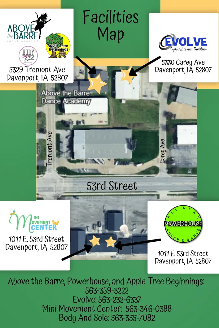 Facilities map with locations of business: Above the Bar, Evolve, Music Center, Apple Tree Beginnings, and Hot and Soul.