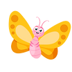 Yellow and orange cartoon butterfly with pink body and smiling face.